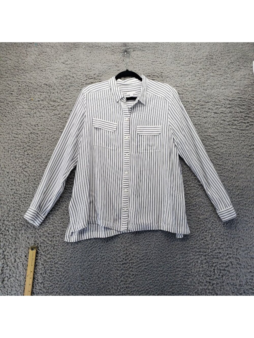 J. Jill Top Womens Large White Striped Button-Up Front Pockets Long Sleeve Rayon
